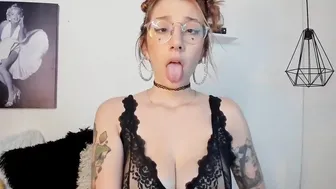 Otaku red haired inside glasses doing an ahegao and drools so