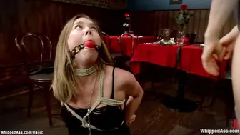 Gagged lesbo caned and booty banged