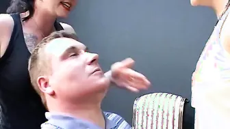 2 agressive german mistresses face slap sub spit on him