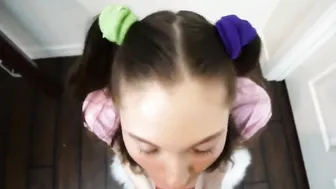 Happy Bombshell Bimbo with pigtails offer fellatio point of view eye contact