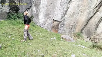 Blonde Hoe Pee Outdoors near Waterfall
