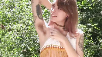 Super Sexy bushy cunt with mouth inside bikini gets naked and masturbates