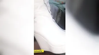 Bootjob  Head by Gf into White Platform Boots Cum on Leather Skirt 