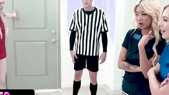 Super Sexy Girls inside Soccer Outfits Pay their Debt to Neighbour on their Knees with Mouths Wide Open