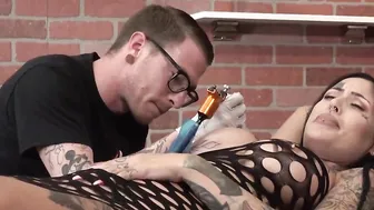 Janey Doe getting 2 cocks and a flower boob tattoo