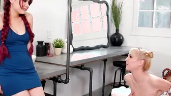 Blonde squirts milk on big tit redheads snatch and dovefucks her