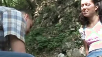 Pigtailed Dark Hair Fuck and Creampie Outside