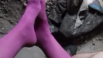 point of view Movie of NightMiss Toes into Purple Stockings Giving Sloppy Hand Job