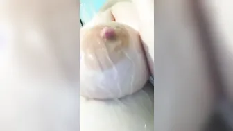 Step Milf Tesing into Shower - Grope her Gigantic Natural Boobs with Gigantic Aureola - Dripping Hairs Runing Water