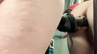 Pulling a Huge Ebony Sex Toy off the Mirror with my Snatch