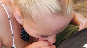 Blonde mom with a Slow Sloppy Tease of a Blow Job...he EXPLODES with CUM