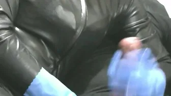 Smoking Wifey inside Blue Pvc Gloves Hand Job Cummed five