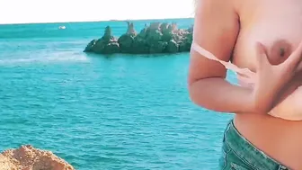 Nepali crazy sexy chick flashing titted and butt on outside beach