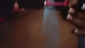 African bimbo with gigantic breasts slams her vagina with a