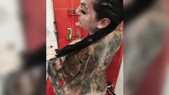 beauty Inked Dark Hair with Huge Hooters and Booty is taking Shower