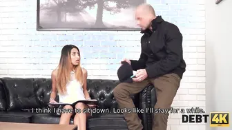 DEBT4k. Slim lassie with angelic face blows cock for big