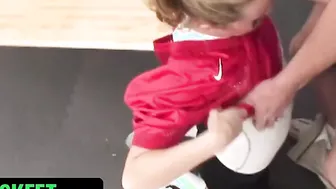 Sweet and Adorable 18 Year Old Blonde wants to Join the Football Squad and Lets the Couch tries her out