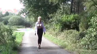 Lady Sonia flashing then masturbates into the forest
