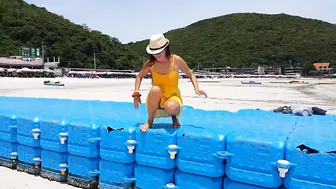 Up Yellow Dress NO UNDERWEAR into Outdoor # Bull Plug Flash at the Beach
