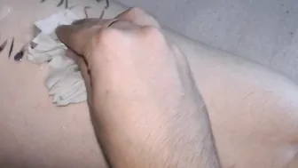 Cuckold husband clean his cum covered wifey after gang bang