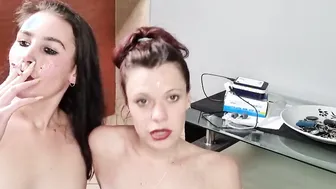 Amateur double hand job and dick sharing sloppy bj 3 way | cum on