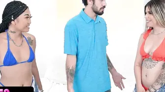 Incredible Sexy White eastern  Ebony American Besties Serve Lucky Stud a Cold Lemonade and a sexy Bj
