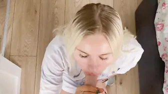 Adorable blonde blows penis and takes a cum inside mouth