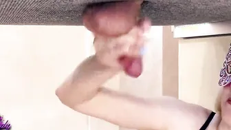 Bimbo jerks off on the milking board and blows nuts and getting