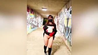 Peeing into outdoor and showing my body on the street