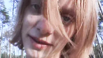 Blonde getting facial insemination into forest