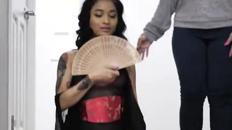Avery Ebony and Krystal Davis banged David wearing geisha outfit