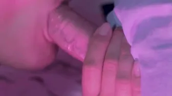 Close-up head with cum into mouth and swallowing