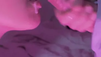 Close-up head with cum into mouth and swallowing