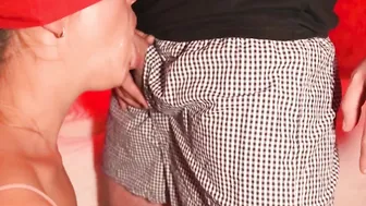 Close-up head with cum into mouth and swallowing