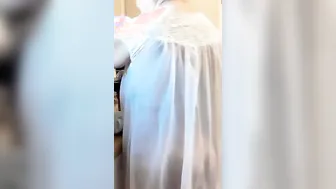 Old woman into transparent old lady night gown natural breasts