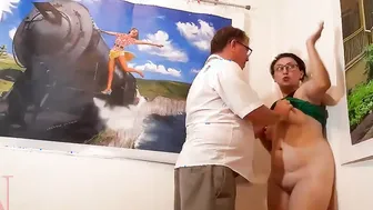 Outdoors domination Dude undressed lady at art gallery