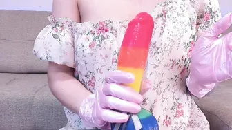 Jerk off Instruction on a Dildo while Wearing Medical Gloves