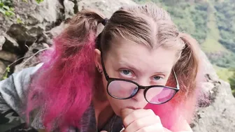 Bj into the Mountains from a chick inside Glasses with Pink Hair Cum on Glasses and Face