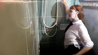 A Women inside Clothes under the Shower. Leaking Lingerie Leaking Trousers Leaking Shirt. one