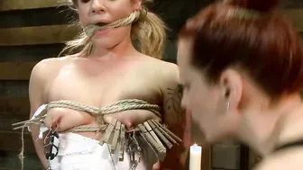 Tied blond inside green pantyhose whipped