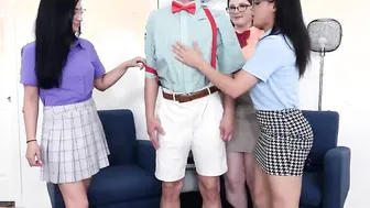 Geeks with a gigantic dick getting blown and banged by 3 19 yo