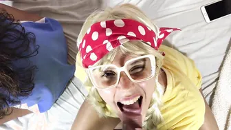 Adorable Blonde Suck my Dick while her Hispanic BFF Plays PlayStation - Tiny Slut Great Facial