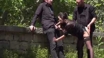 Outdoor euro blowing public while inside sensual panties