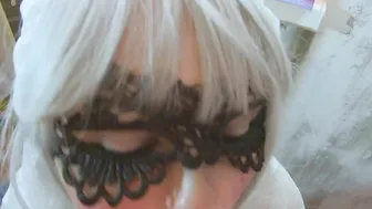 Painted College Girl into Mask offer Slobbering Head and Eagerly Swallows Cum