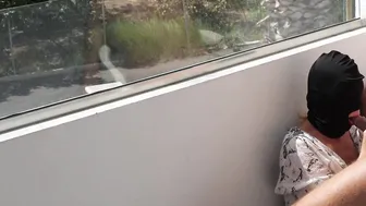 Outdoor Fellatio on Sunny Balcony makes him Cum Fast while Strangers Walking by during his Creampie