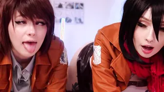 Mikasa Sasha and Historia boned dripping pussies and lick it clean - CUT version