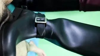 Bootjob with pvc boots inside leather leggings