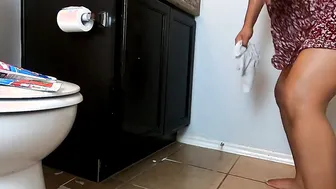 Mommy cleaning filthy boys bathroom up skirt dress views thick MILF bare toes