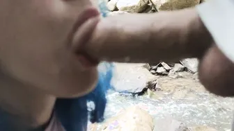 Blue haired student blows well by the water and has super sexy sex