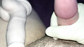 Pvc gloves milking dick precum before screwed inside booty by gigantic toy